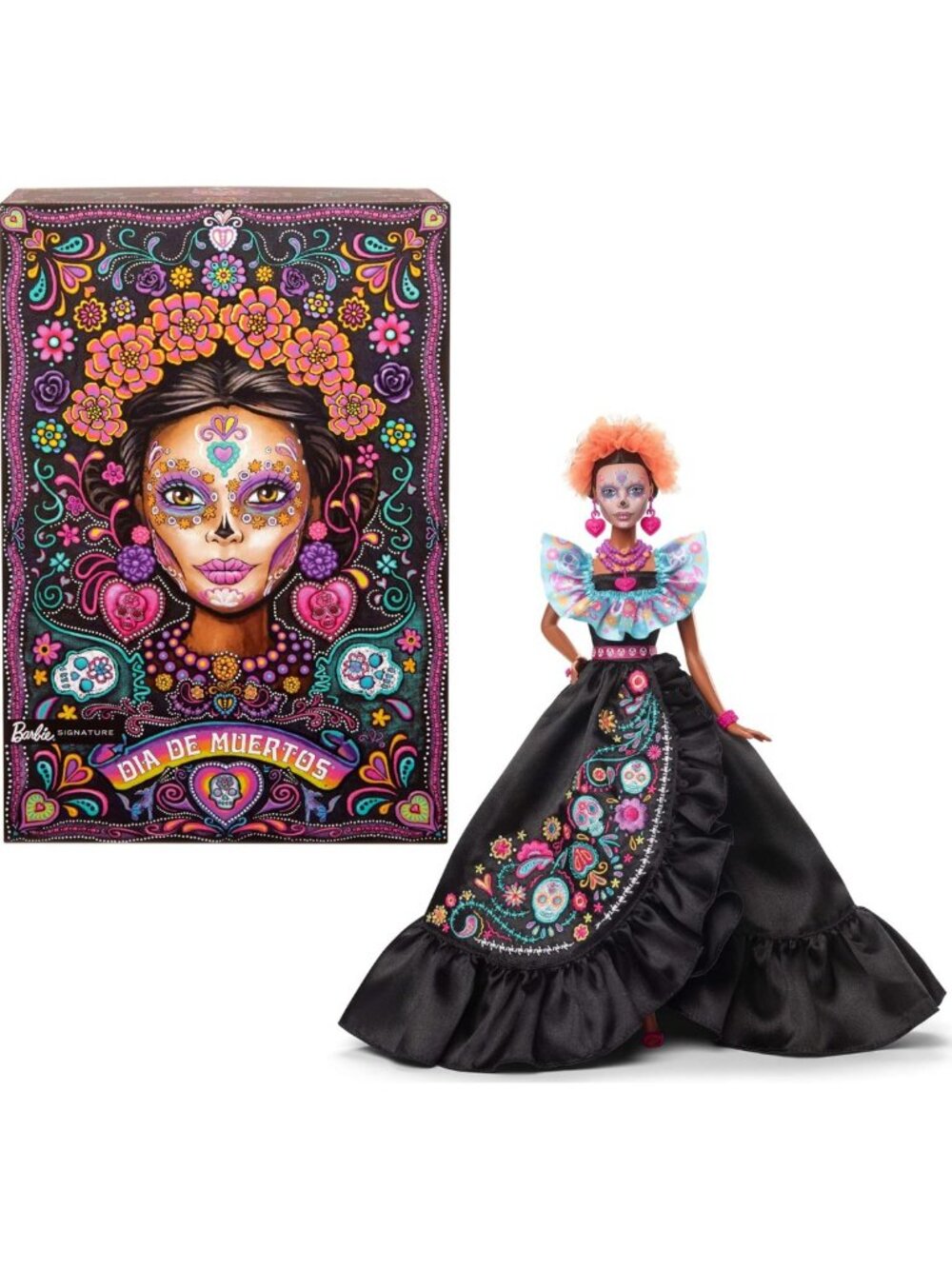 Día De Muertos Collectible Doll in Black Dress, Blue Ruffle, Embroidered Print